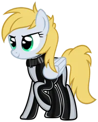 Size: 2776x3459 | Tagged: source needed, safe, alternate version, artist:severity-gray, oc, oc:cutting chipset, unofficial characters only, pegasus, pony, choker, determined, female, folded wings, furrowed brow, gray coat, green eyes, image, latex, latex suit, looking forward, mare, png, raised hoof, rule 63, show accurate, side view, simple background, smiling, solo, standing, transparent background, wings, yellow mane, yellow tail