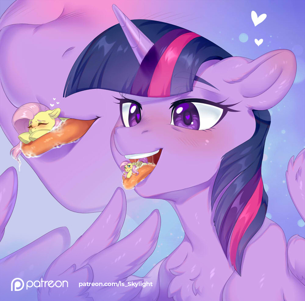 Size: 1000x987 | Tagged: suggestive, artist:ls_skylight, derpibooru import, fluttershy, twilight sparkle, alicorn, pegasus, pony, commission, image, imminent vore, jpeg, macro, macro/micro, micro, salivating, tongue out, twipred, vore, ych result, your character here