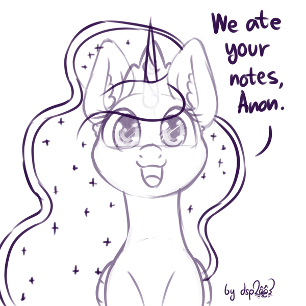 Size: 1024x1024 | Tagged: source needed, safe, artist:dsp2003, derpibooru import, princess luna, alicorn, pony, behaving like a dog, crown, cute, female, image, implied anon, jewelry, looking at you, lunabetes, monochrome, png, regalia, solo