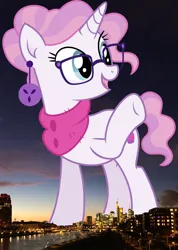 Size: 1673x2356 | Tagged: safe, artist:cirillaq, derpibooru import, edit, editor:jaredking779, raspberry latte, pony, unicorn, ear piercing, earring, female, frankfurt, germany, giant pony, giantess, glasses, high res, highrise ponies, image, irl, jewelry, jpeg, macro, mare, open mouth, photo, piercing, ponies in real life, raised hoof, smiling, solo