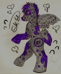 Size: 1072x1280 | Tagged: safe, artist:ino89777, derpibooru import, oc, oc:sky fancy hooves, unofficial characters only, pegasus, semi-anthro, coat markings, image, jpeg, side view, solo, spread wings, traditional art, wings