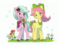 Size: 3000x2300 | Tagged: safe, artist:fuyugi, derpibooru import, posey (g5), earth pony, pony, g5, blushing, bow, dahlia, flower, flower in hair, hair bow, image, jpeg, open mouth, open smile, smiling, tail, tail bow, unamused