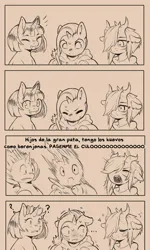 Size: 720x1200 | Tagged: suggestive, artist:cold-blooded-twilight, derpibooru import, oc, oc:yodi, demon, demon pony, original species, pony, unicorn, cold blooded twilight, clothes, comic, eyes closed, frazzled hair, hoodie, horns, image, jpeg, pen, smiling, spanish, surprised, sweat, vulgar, yelling