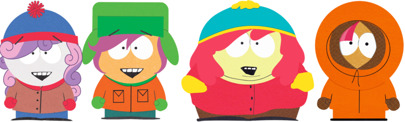 Size: 2933x888 | Tagged: safe, derpibooru import, edit, apple bloom, babs seed, scootaloo, sweetie belle, beanie hat, buttons, clothes, coat, crossover, cutie mark crusaders, eric cartman, female, gloves, happy, hat, hood, image, kenny mccormick, kyle broflovski, overweight, pants, parka, png, pocket, recolor, shoes, simple background, smiling, south park, stan marsh, transparent background, ushanka