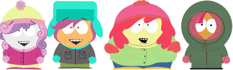 Size: 2933x888 | Tagged: safe, derpibooru import, edit, apple bloom, babs seed, scootaloo, sweetie belle, beanie hat, buttons, clothes, coat, crossover, cutie mark crusaders, eric cartman, female, gloves, happy, hat, hood, image, kenny mccormick, kyle broflovski, overweight, pants, parka, png, pocket, recolor, shoes, simple background, smiling, south park, stan marsh, transparent background, ushanka