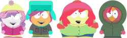 Size: 2933x888 | Tagged: safe, derpibooru import, edit, apple bloom, babs seed, scootaloo, sweetie belle, beanie hat, buttons, clothes, coat, crossover, cutie mark crusaders, eric cartman, female, gloves, happy, hat, hood, image, kenny mccormick, kyle broflovski, overweight, pants, parka, png, pocket, recolor, shoes, simple background, smiling, south park, stan marsh, transparent background, ushanka