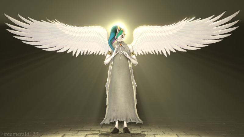 Size: 3840x2160 | Tagged: safe, artist:fireemerald123, derpibooru import, princess celestia, alicorn, anthro, 3d, clothes, dress, gold, image, png, realistic wings, source filmmaker, spread wings, sæla, watermark, wings