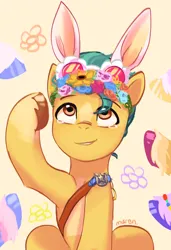 Size: 1688x2463 | Tagged: safe, artist:maren, derpibooru import, hitch trailblazer, izzy moonbow, sunny starscout, zipp storm, earth pony, pony, g5, bracelet, bunny ears, crying, cute, floral head wreath, flower, friendship bracelet, hitchbetes, image, jewelry, male, misty brightdawn, offscreen character, png, sash, sheriff's badge, smiling, stallion, sunglasses, tears of joy, teary eyes, unshorn fetlocks