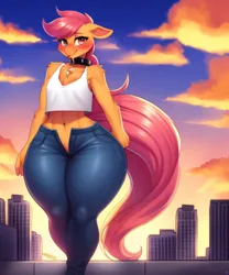 Size: 2560x3072 | Tagged: safe, derpibooru import, editor:parzive1, machine learning generated, purplesmart.ai, stable diffusion, scootaloo, anthro, pegasus, pony, belly button, blushing, bra, breasts, buff, busty scootaloo, chest fluff, city, clothes, collar, crop top bra, denim, female, giant pony, giantess, goggles, goggles on head, high res, image, jeans, long tail, looking at you, macro, mare, muscles, muscular female, older, older scootaloo, pants, png, sexy, short shirt, smiling, solo, strongaloo, stupid sexy scootaloo, tail, thighs, thunder thighs, tongue out, underwear, walking, wide hips