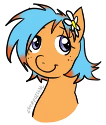 Size: 731x860 | Tagged: safe, derpibooru import, oc, pony, pony creator, bust, colored, colored pupils, flower, flower in hair, image, krita, lineart, orange pony, original character do not steal, png, portrait, purple eyes, simple background, sketch, smiling, white background