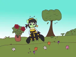 Size: 700x525 | Tagged: safe, artist:wanda, derpibooru import, oc, oc:anonfilly, unofficial characters only, pony, animal costume, bee costume, bush, clothes, costume, cute, female, field, filly, flower, image, png, solo, tree