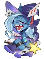 Size: 2000x2667 | Tagged: safe, artist:pipemare, derpibooru import, trixie, pony, unicorn, bust, cape, clothes, female, hat, image, jpeg, one eye closed, open mouth, playing card, simple background, solo, teeth, trixie's cape, trixie's hat, wand, watch, white background, wink