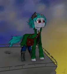 Size: 1000x1100 | Tagged: safe, artist:desperius, derpibooru import, oc, unofficial characters only, earth pony, pony, augmented, bulletproof vest, clothes, cloud, image, png, prosthetics, rooftop, simple background, solo