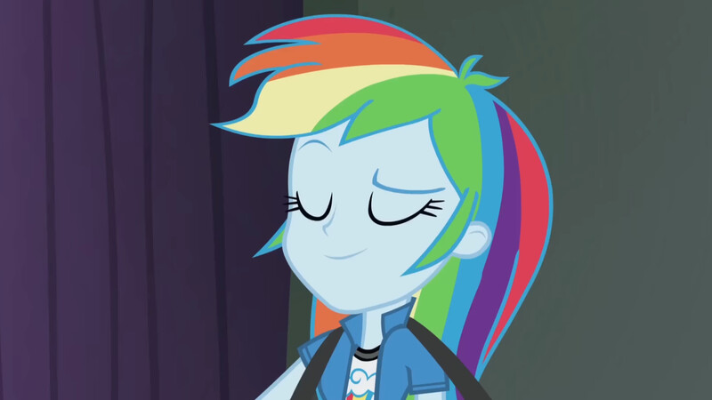 Size: 3072x1727 | Tagged: safe, derpibooru import, screencap, rainbow dash, human, equestria girls, rainbow rocks, eyebrows, eyes closed, female, image, jpeg, raised eyebrow, smiling, solo