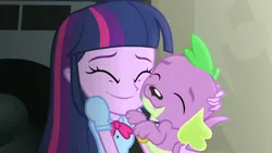 Size: 3072x1727 | Tagged: safe, derpibooru import, screencap, spike, twilight sparkle, dog, human, equestria girls, rainbow rocks, cute, duo, duo male and female, eyes closed, female, hug, image, jpeg, male, smiling, spikabetes, spike the dog, twiabetes