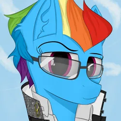 Size: 3000x3000 | Tagged: safe, artist:desperius, derpibooru import, rainbow dash, pegasus, clothes, crossover, glasses, image, jacket, persona, persona 4, png, shirt, simple background, solo, video game crossover