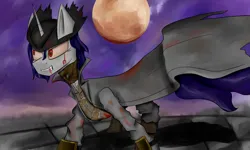 Size: 3500x2100 | Tagged: safe, artist:desperius, derpibooru import, pony, unicorn, blood, blood moon, bloodborne, clothes, crossover, image, moon, png, simple background, sky background, video game crossover