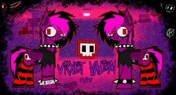 Size: 1220x660 | Tagged: safe, artist:xxv4mp_g4z3rxx, derpibooru import, oc, oc:violet valium, unofficial characters only, bat pony, pony, bags under eyes, bat pony oc, bat wings, bracelet, clothes, collar, ear piercing, emo, eyeliner, fangs, folded wings, gauges, hospital band, image, makeup, nonbinary, piercing, png, pronouns, red eyes, reference sheet, scar, self harm, self harm scars, socks, solo, spiked collar, spiked wristband, tail, text, two toned mane, two toned tail, wings, wristband