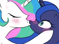 Size: 2048x1536 | Tagged: safe, artist:natzumicore, twibooru exclusive, princess celestia, princess luna, alicorn, pony, blushing, exclamation point, eyes closed, female, floating heart, heart, horns, image, incest, interrobang, kissing, lesbian, mare, png, princest, question mark, royal sisters, shipping, shocked, siblings