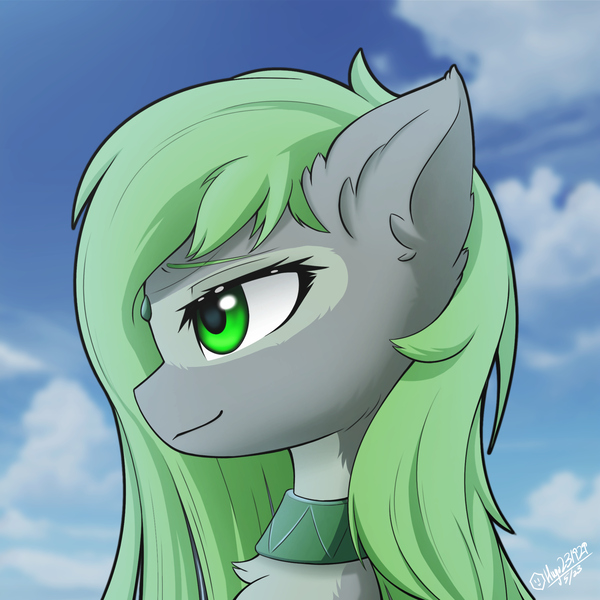 Size: 2048x2048 | Tagged: safe, artist:hugo231929, derpibooru import, oc, oc:jade stonesetter, unofficial characters only, pegasus, pony, bust, chest fluff, choker, cloud, cloudy, commission, cute, ear fluff, eyebrows, female, fireworks, green eyes, image, looking away, mare, open mouth, pegasus oc, png, portrait, profile picture, side view, sky, smiling, solo, wings