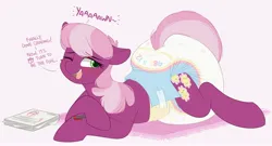 Size: 2900x1571 | Tagged: suggestive, artist:shuphle, derpibooru import, cheerilee, earth pony, pony, adult foal, blushing, diaper, diaper fetish, female, fetish, image, jpeg, lying down, one eye closed, open mouth, open smile, pen, poofy diaper, prone, simple background, smiling, solo, solo female, sploot, tired, yawn