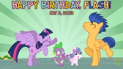 Size: 2063x1161 | Tagged: safe, artist:not-yet-a-brony, derpibooru import, flash sentry, princess flurry heart, spike, twilight sparkle, twilight sparkle (alicorn), alicorn, dragon, pegasus, 2023, aunt and niece, dancing, friends, friendship, happy birthday, honorary uncle, image, it's alright, lyrics in the description, may, party, png, song in the description, song reference, vincent tong, voice actor reference, winged spike, wings, youtube link in the description