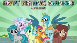 Size: 2064x1161 | Tagged: safe, artist:not-yet-a-brony, derpibooru import, gallus, ocellus, sandbar, silverstream, smolder, swift foot, yona, changeling, dragon, earth pony, gryphon, hippogriff, yak, 2023, birthday, friends, friendship, happy birthday, image, it's alright, lyrics in the description, may, party, png, song in the description, song reference, student six, thracian, vincent tong, voice actor reference, youtube link in the description
