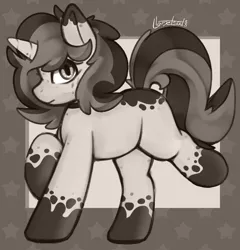 Size: 1001x1042 | Tagged: safe, artist:llametsul, derpibooru import, oc, oc:creme cookie, pony, unicorn, female, image, mare, monochrome, png, signature, solo