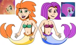 Size: 1167x685 | Tagged: safe, artist:ocean lover, derpibooru import, haven bay, salina blue, human, mermaid, seapony (g4), my little pony: the movie, bare shoulders, belly button, bra, clothes, duo, duo female, female, fins, fish tail, freckles, green eyes, human coloration, humanized, image, lips, lipstick, looking at each other, looking at someone, mermaid tail, mermaidized, mermay, midriff, open mouth, orange hair, png, purple eyes, reference sheet, seashell, seashell bra, short hair, simple background, smiling, species swap, tail, tail fin, underwear, white background