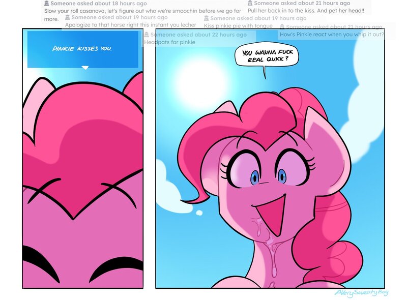 Size: 1536x1132 | Tagged: suggestive, artist:averysweatyboy, derpibooru import, pinkie pie, earth pony, pony, 2 panel comic, comic, dialogue, drool, female, image, imminent sex, implied kissing, jpeg, looking at you, mare, open mouth, open smile, smiling, smiling at you, solo, speech bubble, talking to viewer, text, vulgar