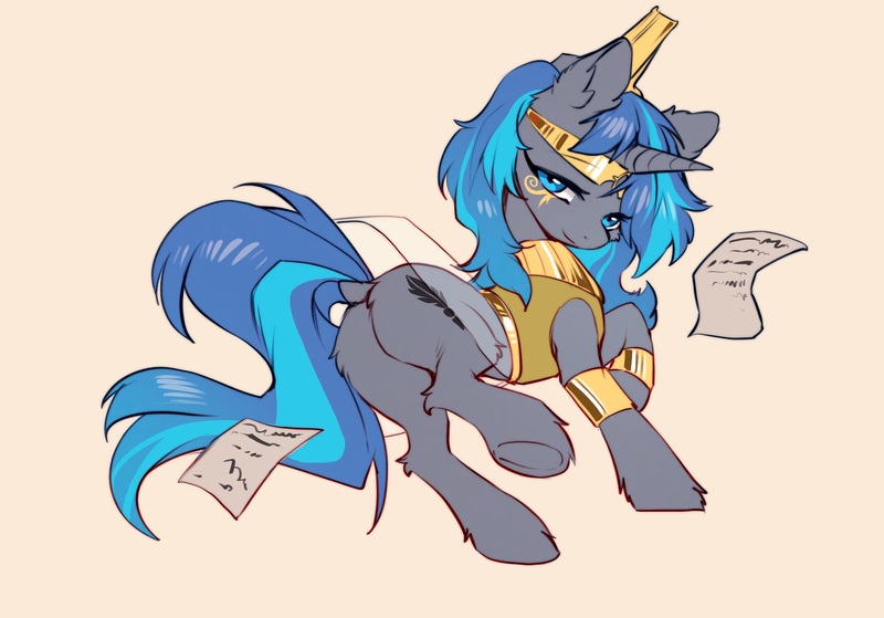 Size: 2388x1668 | Tagged: safe, artist:swaybat, derpibooru import, oc, oc:cork, unofficial characters only, pony, unicorn, book, clothes, cute, egyptian, female, image, jpeg, long mane, mare, solo, solo female