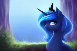 Size: 1920x1280 | Tagged: safe, derpibooru import, editor:dovakkins, machine learning generated, stable diffusion, princess luna, alicorn, pony, abstract background, ai content, beautiful, blue sky, chest fluff, cute, derpibooru exclusive, ear fluff, female, grass, image, jewelry, looking back, messy mane, missing accessory, png, regalia, s1 luna, sitting, solo, wings