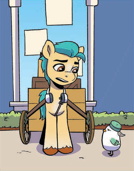 Size: 431x550 | Tagged: safe, derpibooru import, idw, hitch trailblazer, kenneth, bird, earth pony, pony, g5, spoiler:comic, spoiler:g5comic, spoiler:g5comic07, cart, duo, headphones, image, kenneth is not amused, male, png, stallion, unamused