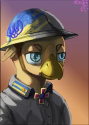 Size: 2296x3228 | Tagged: safe, artist:zlatdesign, derpibooru import, oc, oc:oleksander clawkiv, gryphon, bust, clothes, cyrillic, griffon oc, helmet, image, military pony, military uniform, painted, png, portrait, ukrainian, uniform