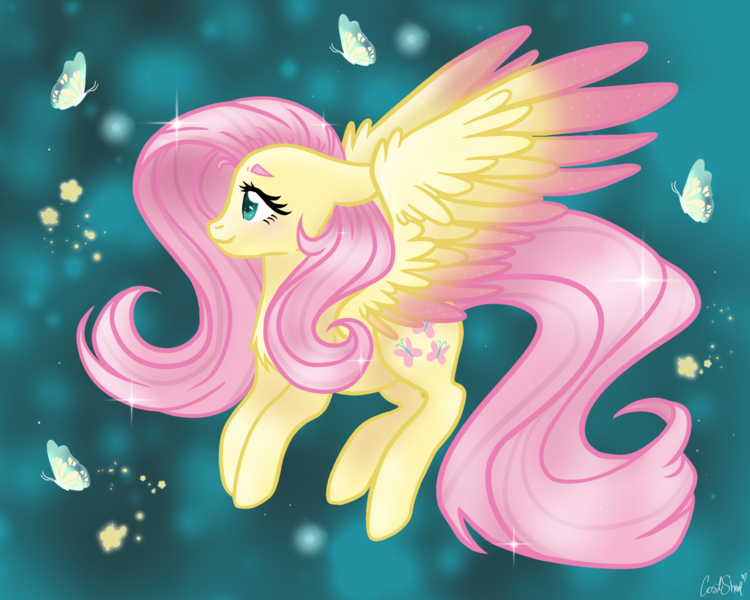 Size: 2000x1600 | Tagged: safe, artist:lostsheep, derpibooru import, fluttershy, butterfly, insect, pegasus, pony, colored wings, female, floppy ears, flower, flying, gradient wings, image, mare, png, solo, sparkles, wings