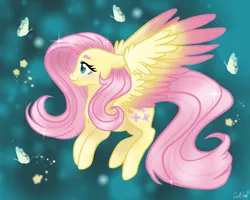 Size: 2000x1600 | Tagged: safe, artist:lostsheep, derpibooru import, fluttershy, butterfly, insect, pegasus, pony, colored wings, female, floppy ears, flower, flying, gradient wings, image, mare, png, solo, sparkles, wings