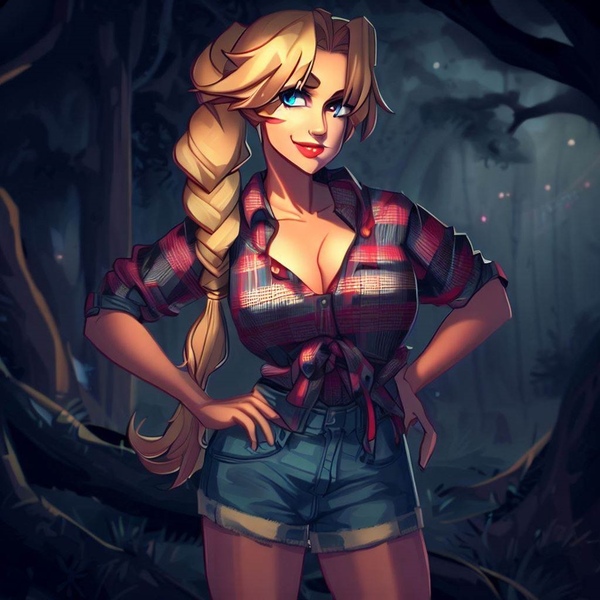 Size: 900x900 | Tagged: safe, derpibooru import, machine learning generated, stable diffusion, applejack, human, equestria girls, legend of everfree, ai content, big breasts, braid, breasts, busty applejack, cleavage, clothes, denim, denim shorts, female, forest, hand on hip, humanized, image, jpeg, night, shirt, shorts, solo, standing, tree, wrong eye color