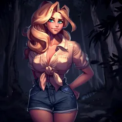 Size: 900x900 | Tagged: safe, derpibooru import, machine learning generated, stable diffusion, applejack, human, equestria girls, legend of everfree, ai content, big breasts, breasts, busty applejack, clothes, denim, denim shorts, female, forest, hand on hip, humanized, image, jpeg, night, shorts, solo, standing, tree