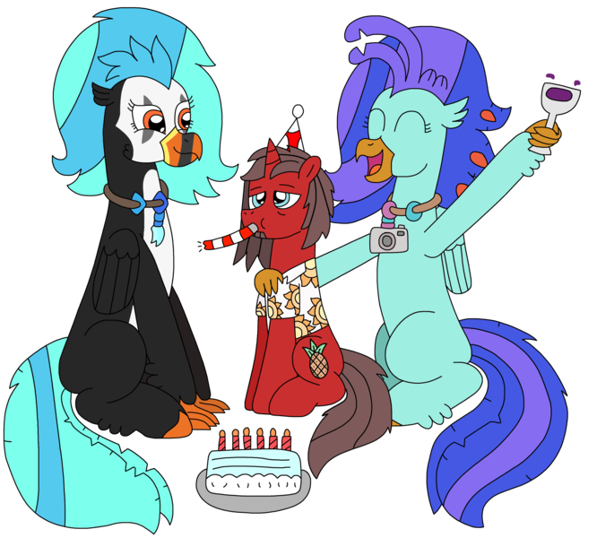 Size: 2669x2405 | Tagged: safe, artist:supahdonarudo, derpibooru import, oc, oc:icebeak, oc:ironyoshi, oc:sea lilly, unofficial characters only, classical hippogriff, hippogriff, unicorn, birthday, cake, camera, candle, excited, food, glass, hand on shoulder, hat, image, jewelry, necklace, noisemaker, party hat, png, sad, simple background, sitting, transparent background, wine glass