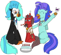 Size: 2669x2405 | Tagged: safe, artist:supahdonarudo, derpibooru import, oc, oc:icebeak, oc:ironyoshi, oc:sea lilly, unofficial characters only, classical hippogriff, hippogriff, unicorn, birthday, cake, camera, candle, excited, food, glass, hand on shoulder, hat, image, jewelry, necklace, noisemaker, party hat, png, sad, simple background, sitting, transparent background, wine glass