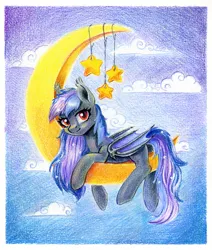 Size: 1018x1200 | Tagged: safe, artist:maytee, derpibooru import, oc, unofficial characters only, bat pony, pony, bat pony oc, bat wings, cloud, colored pencil drawing, commission, crescent moon, image, jpeg, lying down, moon, night, night sky, prone, red eyes, sky, stars, tangible heavenly object, traditional art, wings, ych result