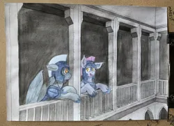 Size: 900x651 | Tagged: safe, artist:reddthebat, derpibooru import, oc, oc:selena (reddthebat), bat pony, pegasus, pony, female, guardsmare, image, jpeg, mare, royal guard, traditional art, watercolor painting