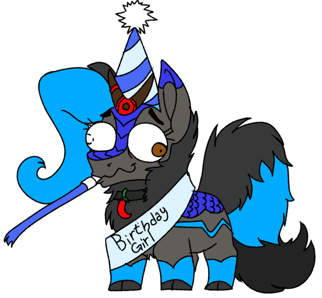 Size: 1293x1200 | Tagged: safe, artist:brainiac, derpibooru import, oc, oc:heccin pepperino, unofficial characters only, kirin, birthday, collar, female, hat, image, party hat, party horn, png, sash, simple background, solo, transparent background