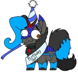 Size: 1293x1200 | Tagged: safe, artist:brainiac, derpibooru import, oc, oc:heccin pepperino, unofficial characters only, kirin, birthday, collar, female, hat, image, party hat, party horn, png, sash, simple background, solo, transparent background
