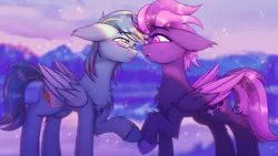 Size: 2560x1440 | Tagged: safe, artist:shad0w-galaxy, derpibooru import, oc, oc:ruffled quill, oc:shadow galaxy, unofficial characters only, pegasus, pony, blurry background, blushing, chest fluff, chromatic aberration, ear fluff, ethereal mane, female, folded wings, glasses, hooves, image, in love, looking at each other, looking at someone, male, mare, mountain, mountain range, png, smiling, stallion, starry mane, unshorn fetlocks, wings