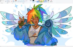 Size: 1474x940 | Tagged: safe, artist:kirbscuit, derpibooru import, rainbow dash, cyborg, human, amputee, artificial wings, augmented, blackwashing, clothes, dark skin, image, jacket, ms paint, png, pony ears, prosthetic limb, prosthetic wing, prosthetics, solo, spread wings, tanktop, wings