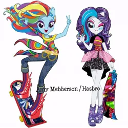 Size: 640x640 | Tagged: safe, artist:amy mebberson, official, rainbow dash, rarity, equestria girls, alternate hairstyle, belt, clothes, cutie mark, cutie mark on clothes, cutie mark on equestria girl, eyeshadow, hasbro, image, jpeg, lipstick, makeup, multicolored hair, one eye closed, open smile, peace sign, ponied up, scissors, simple background, skateboard, stock vector, white background, wink