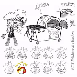 Size: 640x640 | Tagged: safe, artist:amy mebberson, official, gummy, rainbow dash, equestria girls, apron, burger, clothes, concept art, doll, equestria girls minis, fire extinguisher, food, grill, ice cream, image, jpeg, pizza, sketch, spatula, toy