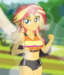 Size: 4944x5760 | Tagged: safe, artist:emeraldblast63, derpibooru import, sunset shimmer, equestria girls, absurd resolution, belly button, breasts, busty sunset shimmer, clothes, crepuscular rays, female, high res, image, lidded eyes, midriff, outdoors, png, smiling, solo