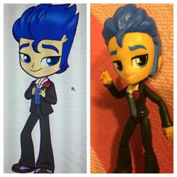 Size: 1080x1080 | Tagged: safe, artist:amy mebberson, official, flash sentry, equestria girls, equestria girls (movie), clothes, concept art, doll, equestria girls minis, fall formal outfits, image, jpeg, pants, shoes, sketch, smiley face, toy, tuxedo